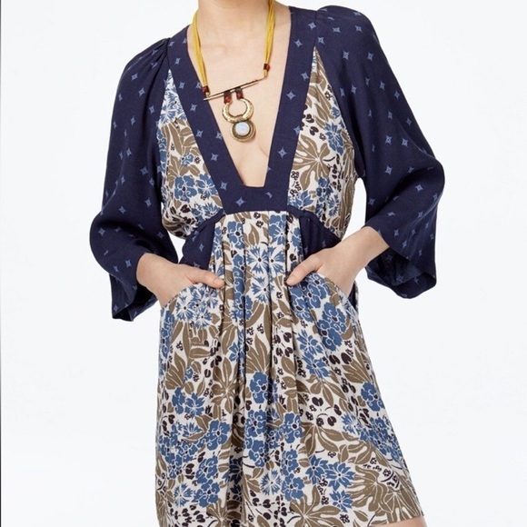 Free People Tallulah Mini Dress Blue Boho Kimono Short Sleeve XS - Picture 1 of 11